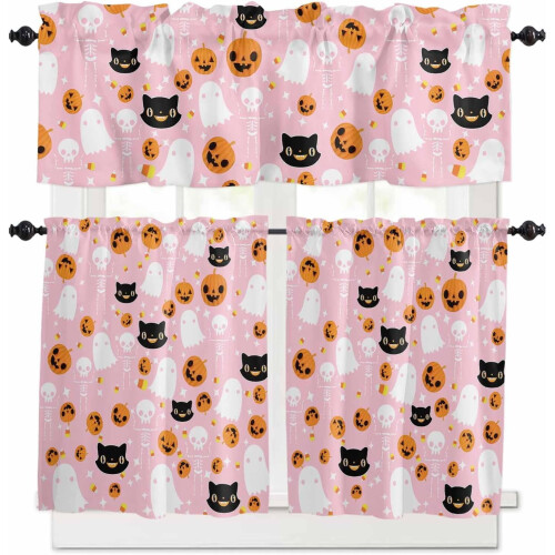 Pink Halloween Kitchen Curtains Set with Ghost Skeleton