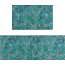 Teal Kitchen Rug Set 2 pcs Washable Non-Slip Floor Mat