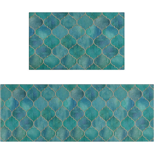 Teal Kitchen Rug Set 2 pcs Washable Non-Slip Floor Mat
