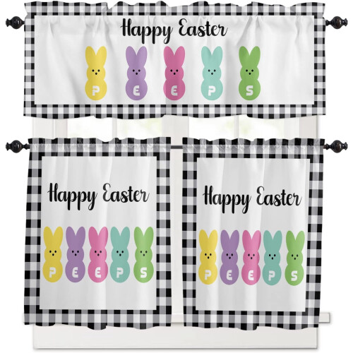 Easter Kitchen Curtain Set Bunny Black Buffalo Plaid 3-Piece