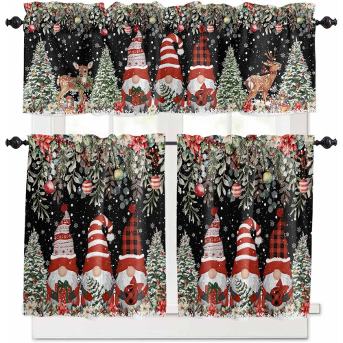 Kitchen Curtains Set Farmhouse Poinsettia Design 3-Pc