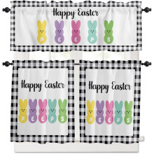 Easter Kitchen Curtain Set Bunny Black Buffalo Plaid 3-Piece