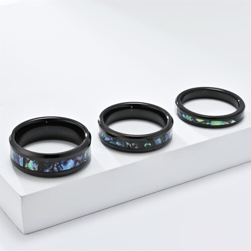 Tungsten Steel Couple Ring with Abalone Shell Opal Inlay 2