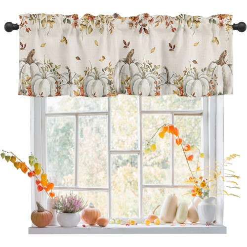 Fall Valance White Pumpkins Maple Leaves Vintage Autumn