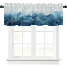 Blue Gold Marble Kitchen Valance Rod Pocket 54x18 Inch