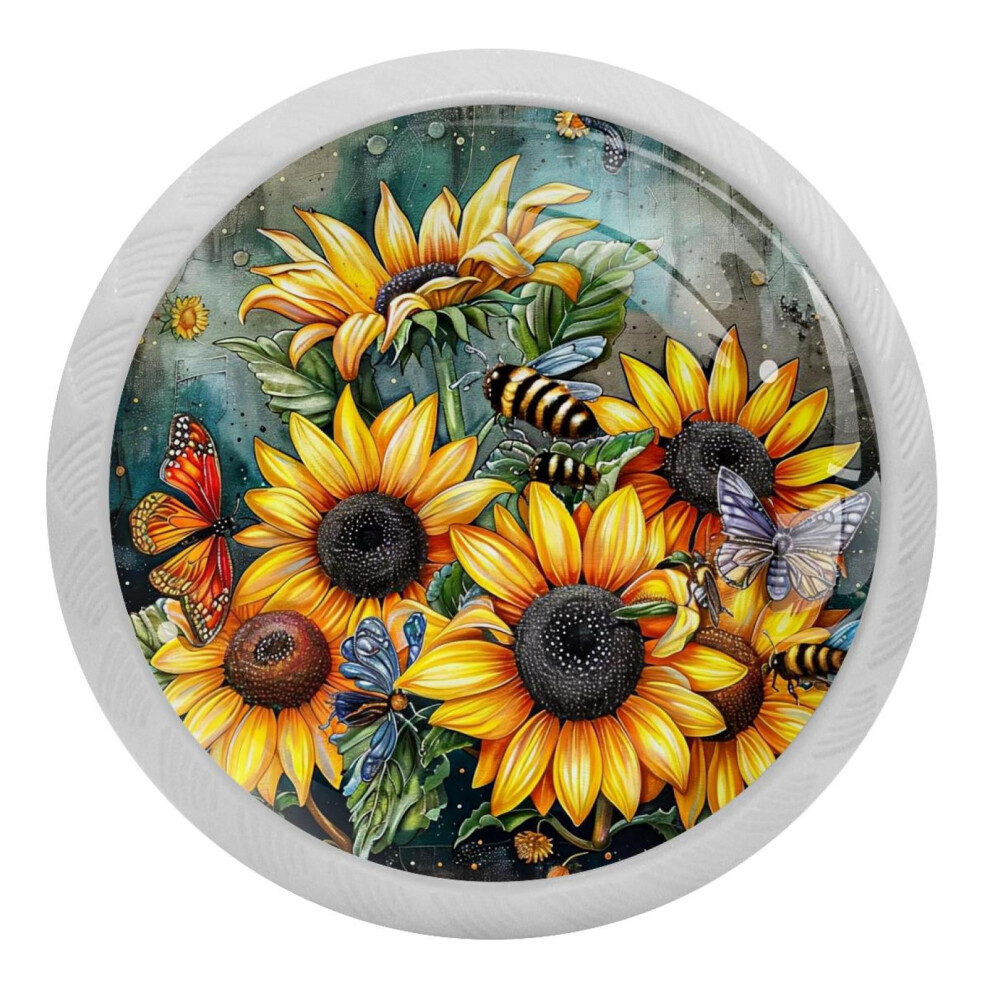 Sunflowers Bee Butterfly Crystal Glass Cabinet Knobs 4 Pcs 9377112752044