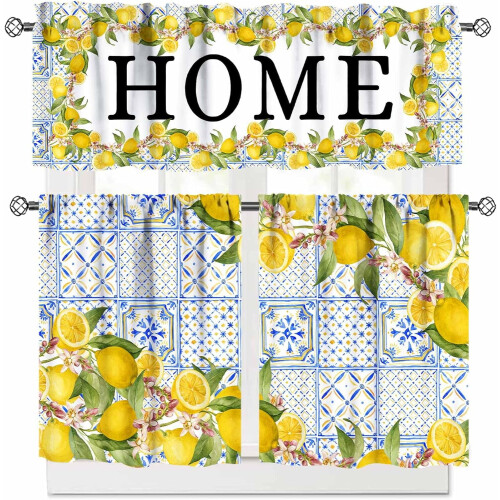 Lemon Fruit Valance Curtains Rustic Yellow on Blue 1-Pack