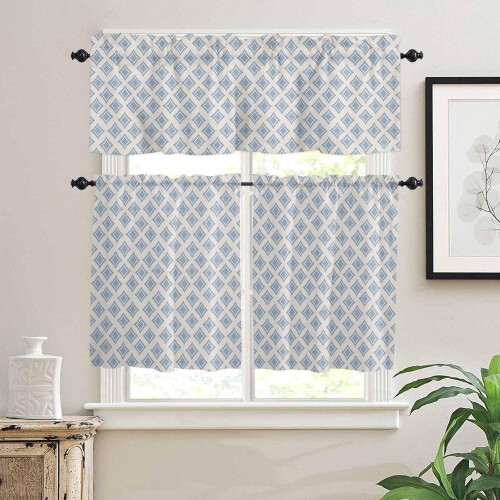 Blue Kitchen Curtains Set with Valances 24 inch