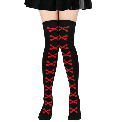 Halloween Over-Knee Stockings Black Red Bone Design
