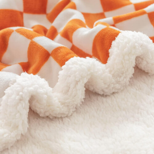 Sherpa Fleece Throw Blanket Checkered Pattern Orange 50x60 2