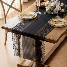 Chemin de table en dentelle française noire en polyester 208 cm (82 pouces)