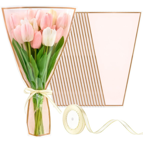 White Flower Bags Clear Front Plastic Sleeves with Ribbons