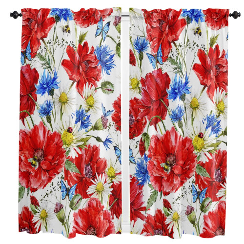 Red Corn Poppy Flower Curtains 2-Pack