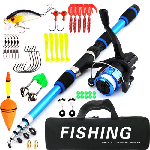 Fishing Pole Set with Telescopic Rod and Spinning Reel