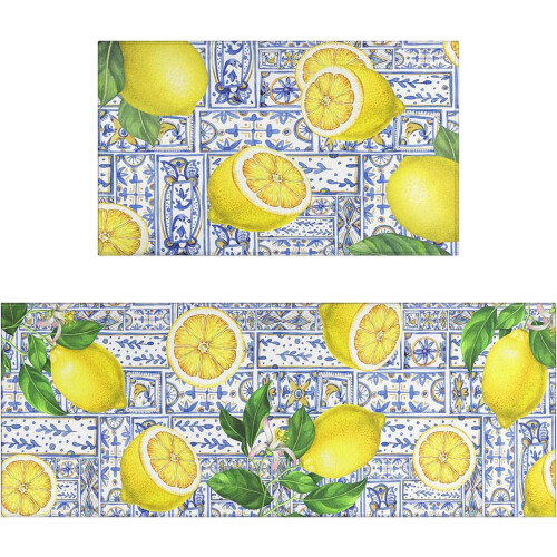 Lemon Kitchen Rug Mat Watercolor Design 2-Piece Set