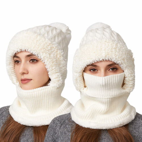 Women's Windproof Thermal Beanie Hat 3-in-1 Set White