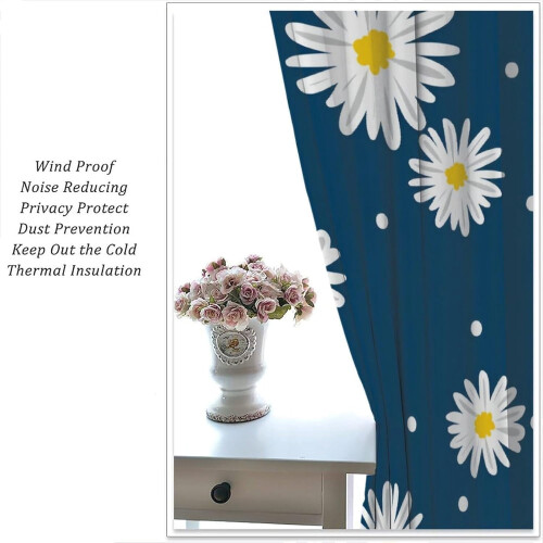 White Daisy Floral Curtains Abstract Blue White Print 84" W 2