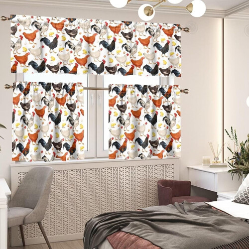 Rooster Chicken Kitchen Curtains Set 3 Pieces 1