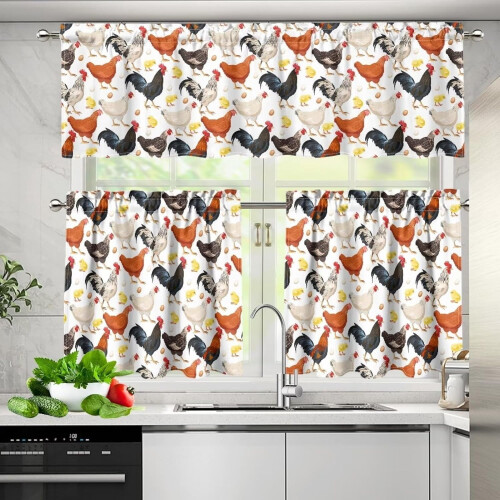 Rooster Chicken Kitchen Curtains Set 3 Pieces 2