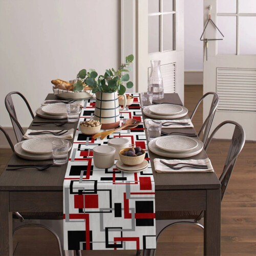 Chemin de table géométrique abstrait noir et rouge art moderne 2