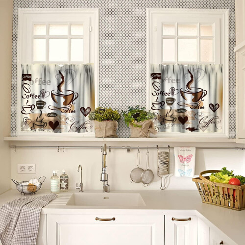 Coffee Kitchen Curtains Set 54x36 inch 3-Piece Cafe Theme 1