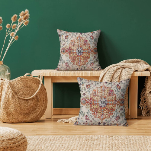 Μαξιλαροθήκες Boho σε χρώμα Burnt Orange Blue Linen-Blend 16x16 ίντσες 1