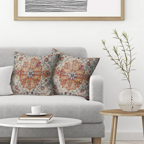 Μαξιλαροθήκες Boho σε χρώμα Burnt Orange Blue Linen-Blend 16x16 ίντσες 2
