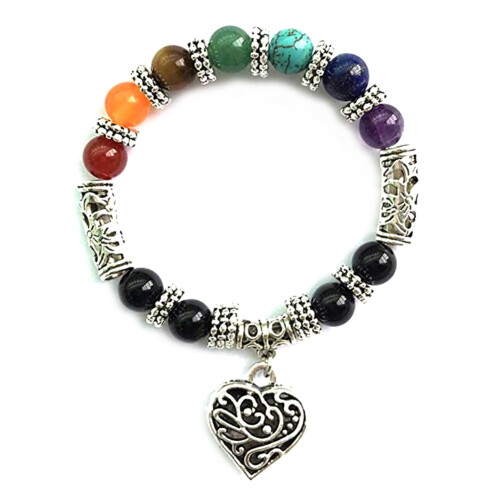 Pulseira Vintage7Chakra com Contas de Pedra e Pingente de Coração 1