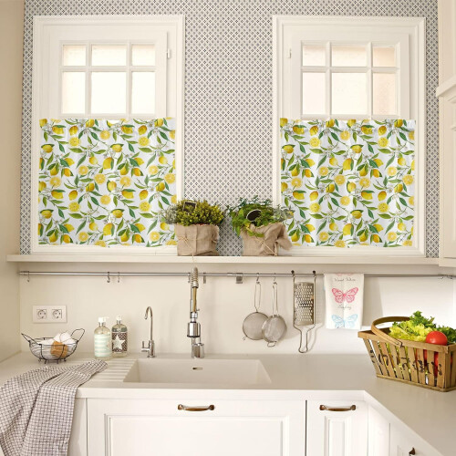 Yellow Lemon White Flower Kitchen Curtains Semi-Sheer 1