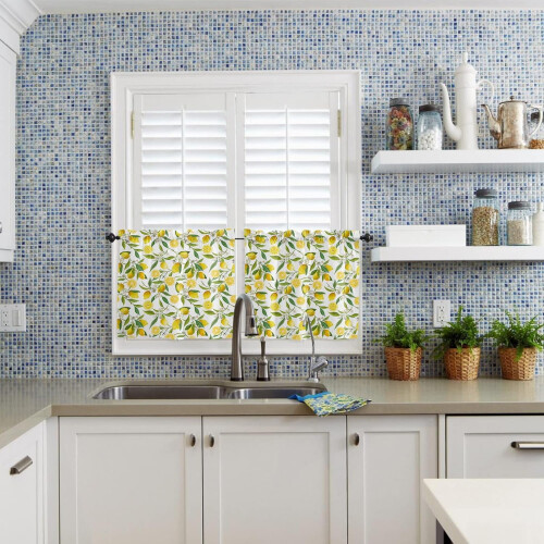 Yellow Lemon White Flower Kitchen Curtains Semi-Sheer 2