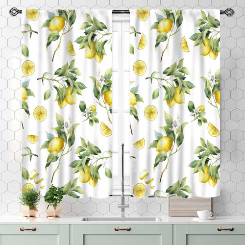 Yellow Lemon Kitchen Curtains Vintage Floral Pattern 2 2