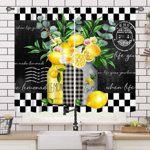 Lemon Fruit Kitchen Curtains Black White 2 Panels 55x39 in 2