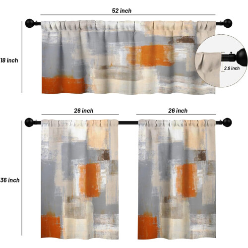 Kitchen Curtains Set Orange Grey Abstract 3-Piece 1