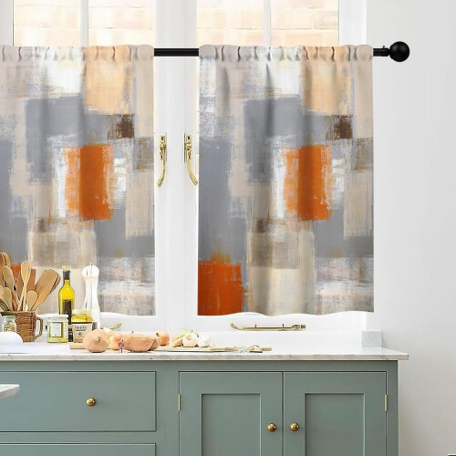 Kitchen Curtains Set Orange Grey Abstract 3-Piece 2