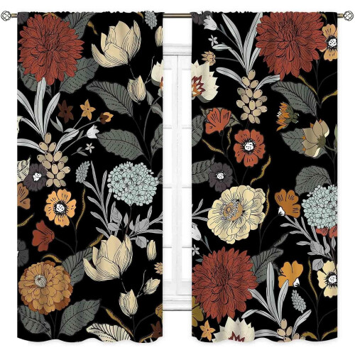 Black Boho Floral Curtains Tropical Leaves Mandala Design 2 1