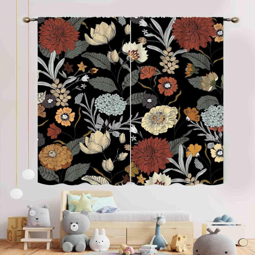 Black Boho Floral Curtains Tropical Leaves Mandala Design 2 2