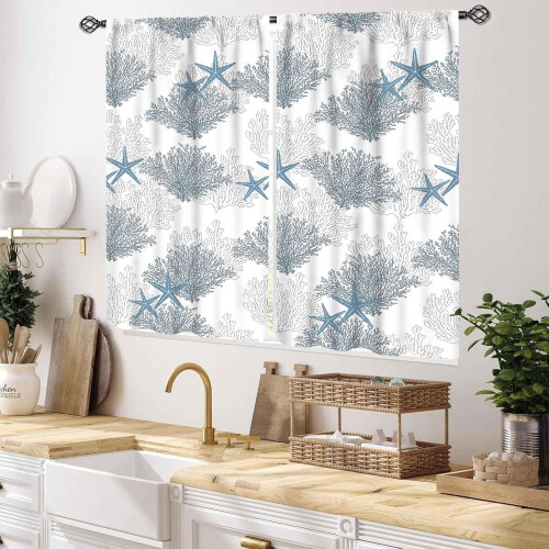 Nautical Starfish Curtains Blue Coral Beach Theme 2 Panels 1