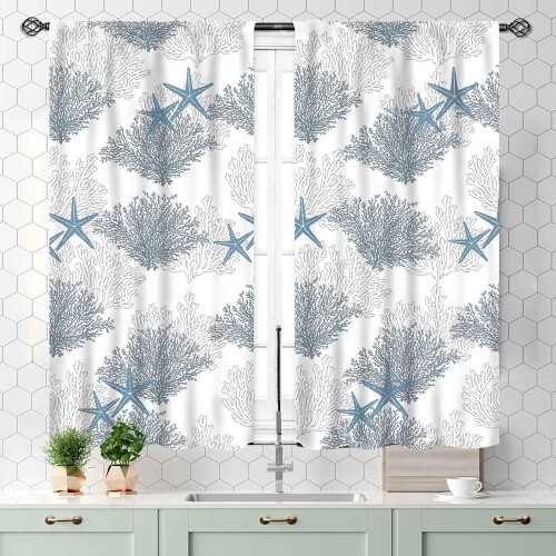 Nautical Starfish Curtains Blue Coral Beach Theme 2 Panels 2