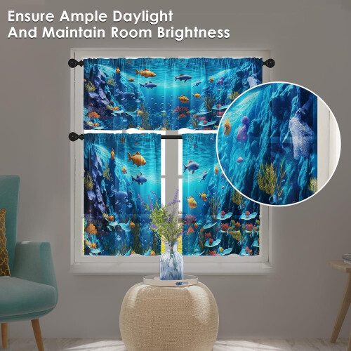 Sea Fish Kitchen Curtains Blue Ocean Tier Set 36 inch 2