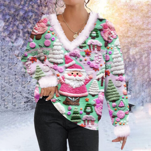 Γυναικείο Πουλόβερ Ugly Christmas με V-Neck, Πράσινο 1