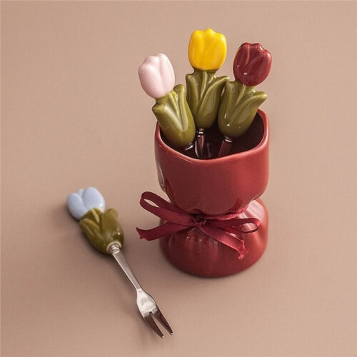 Tulip Shape Fruit Forks Set Ceramic Jar Dessert Forks with Storage Jar Comfortable Grip Fruit Receipt Jar 1