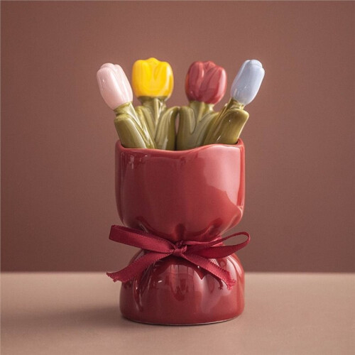 Tulip Shape Fruit Forks Set Ceramic Jar Dessert Forks with Storage Jar Comfortable Grip Fruit Receipt Jar 2