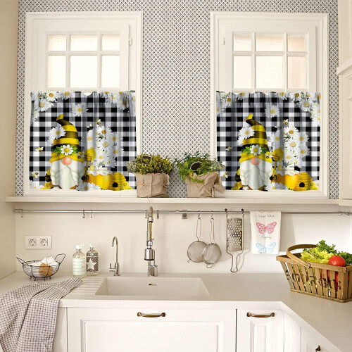 Kitchen curtain valance set black white buffalo plaid 1