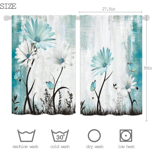 Farmhouse Teal Daisy Floral Kitchen Curtains Rustic 2