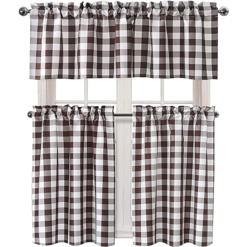 Semi Sheer Kitchen Curtains Set Buffalo Plaid Light 1
