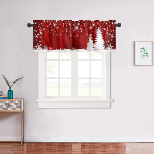 Christmas curtain valance red snowflake tree design 54x18 2