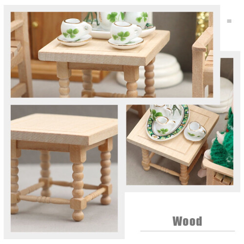 Mini mesa de té de madera para casa de muñecas. Mesa auxiliar cuadrada. 1
