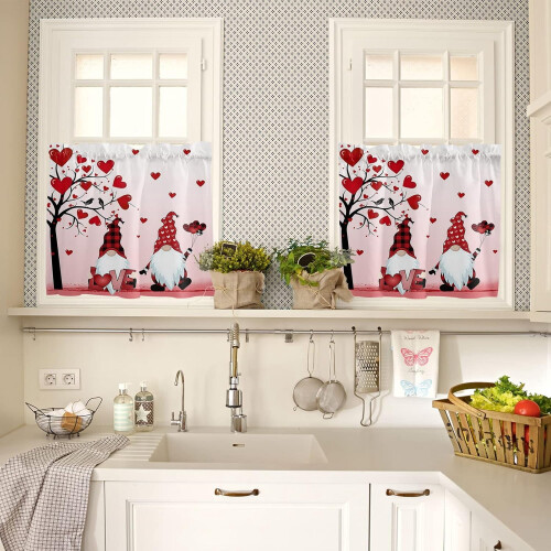 Kitchen Curtain Set Red Pink Heart Gnome Design 3-Piece 2