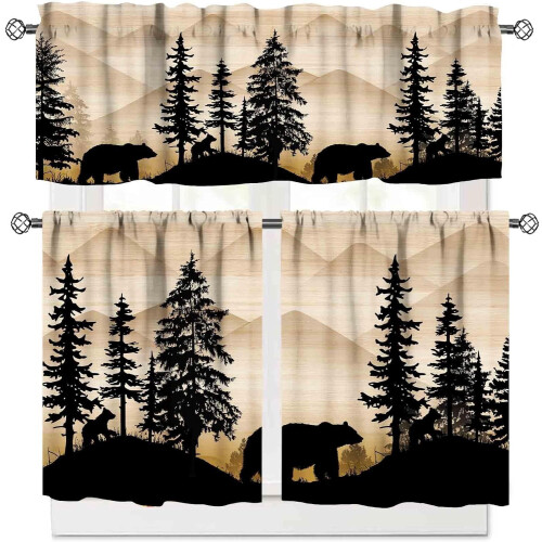 Farmhouse Cabin Curtain Valance Rustic Bear Design Brown