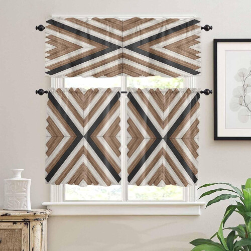Boho Kitchen Curtains Set Brown Black Geometric Wooden Tier